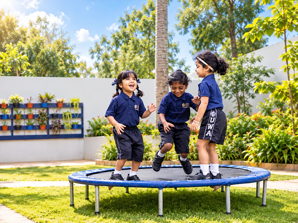 Early Years children playing on a trampoline in the garden